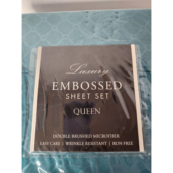 LUXURY Embossed Queen Sheet Set Double Brushed Microfiber Teal 4Pc NEW - Picture 2 of 5